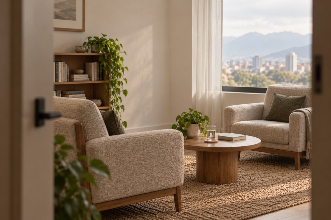 Consulta con dos sillones de tela clara y una mesa auxiliar baja de madera frente a una ventana con vista a la ciudad.