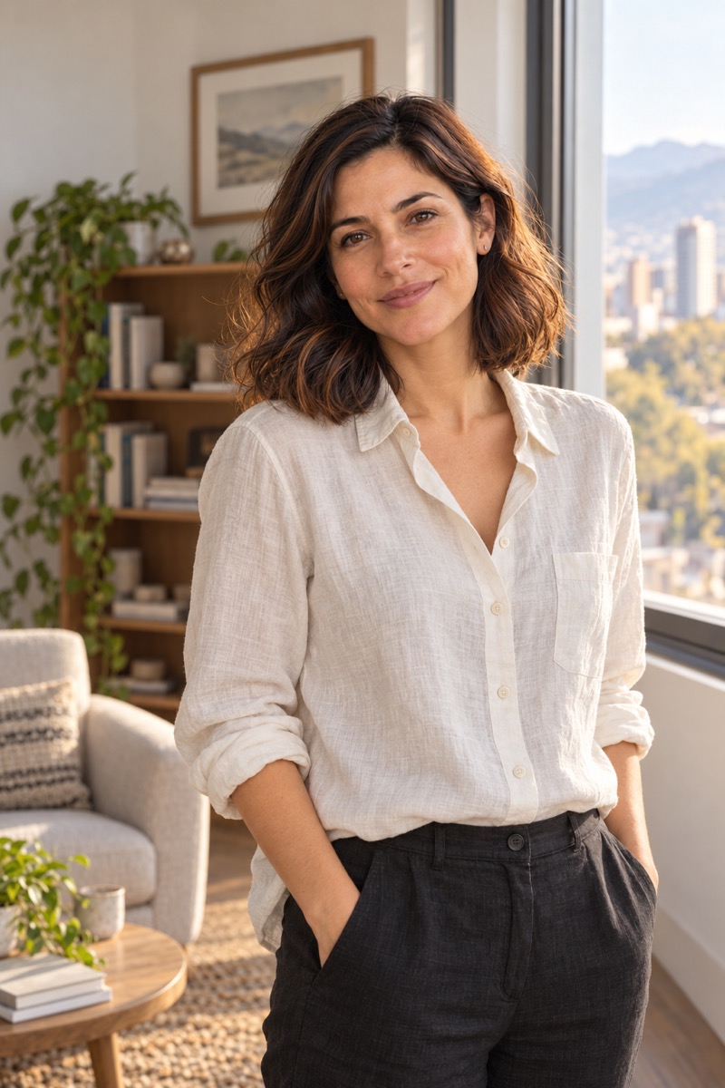 Retrato de Camila Araya de pie junto a la ventana de su consulta, con camisa de lino clara.
